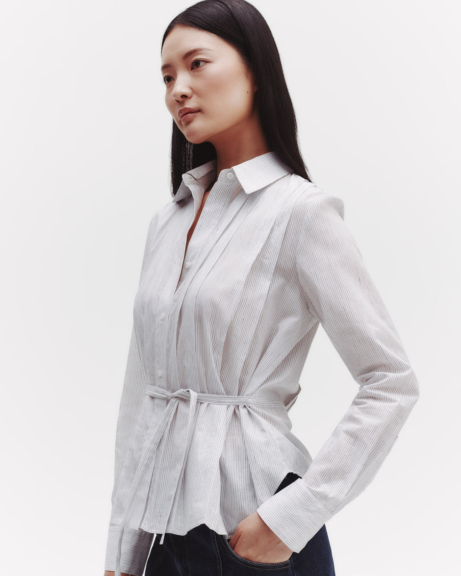TWP White / charcoal Francesca Top in Faint Linen Stripe view 1