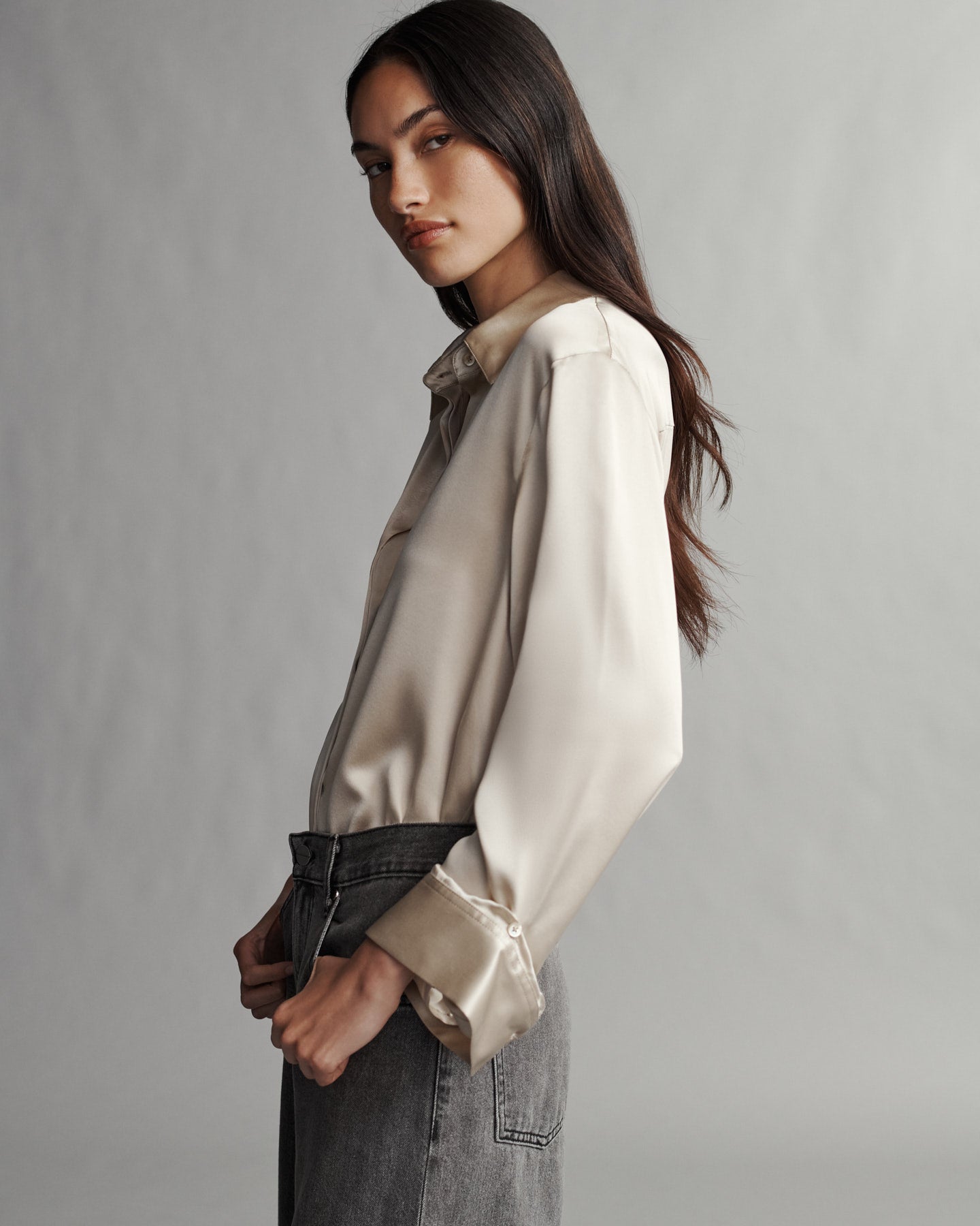 TWP Champagne Boyfriend Shirt in Silk Charmeuse view 1