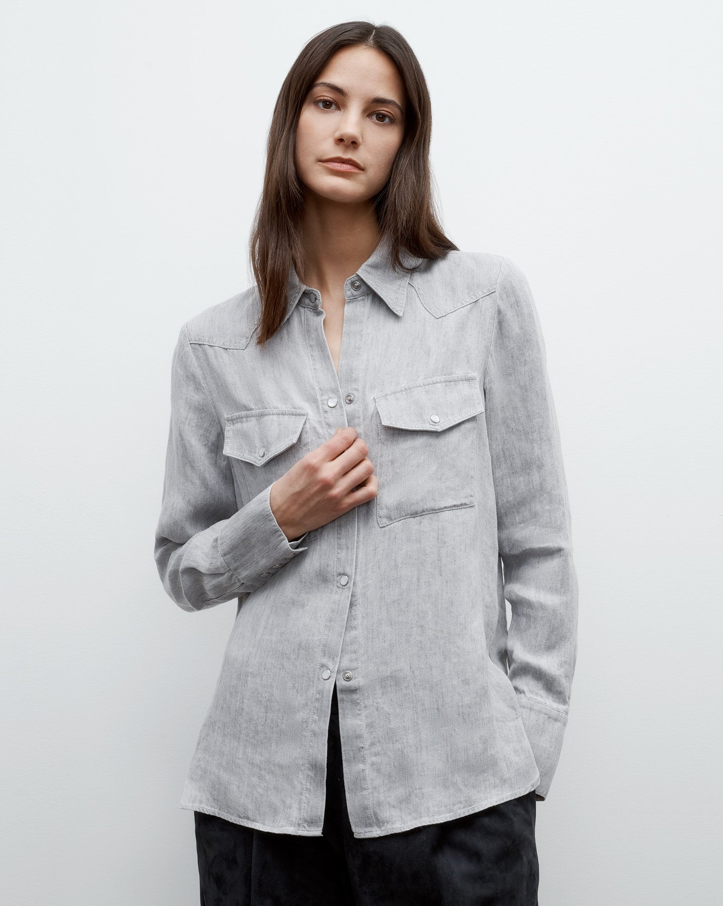 TWP Light heather grey Rancher&#39;s Daughter Shirt in Hemp Denim view 1