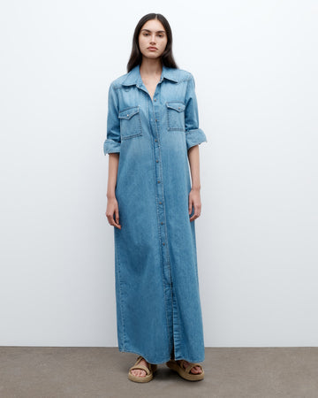 TWP Vintage wash Cowboy Maxi Dress in Denim Shirting view 1