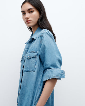 TWP Vintage wash Cowboy Maxi Dress in Denim Shirting view 1