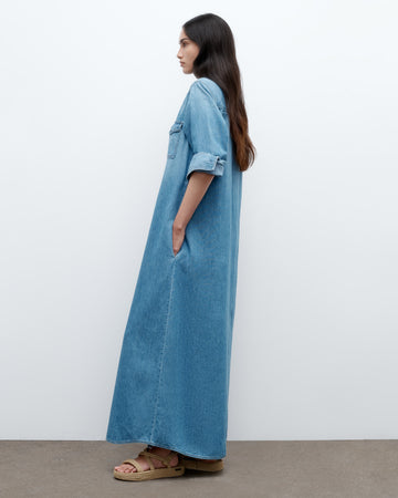 TWP Vintage wash Cowboy Maxi Dress in Denim Shirting view 1