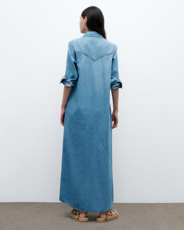 TWP Vintage wash Cowboy Maxi Dress in Denim Shirting view 1