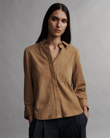 TWP Tobacco Boyfriend shirt in suede view 2