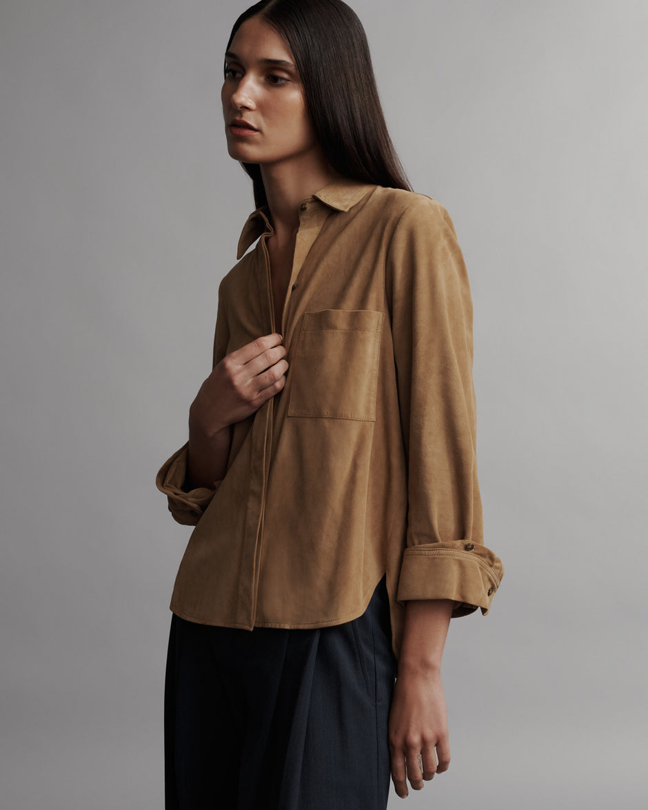 TWP Tobacco Boyfriend shirt in suede view 3