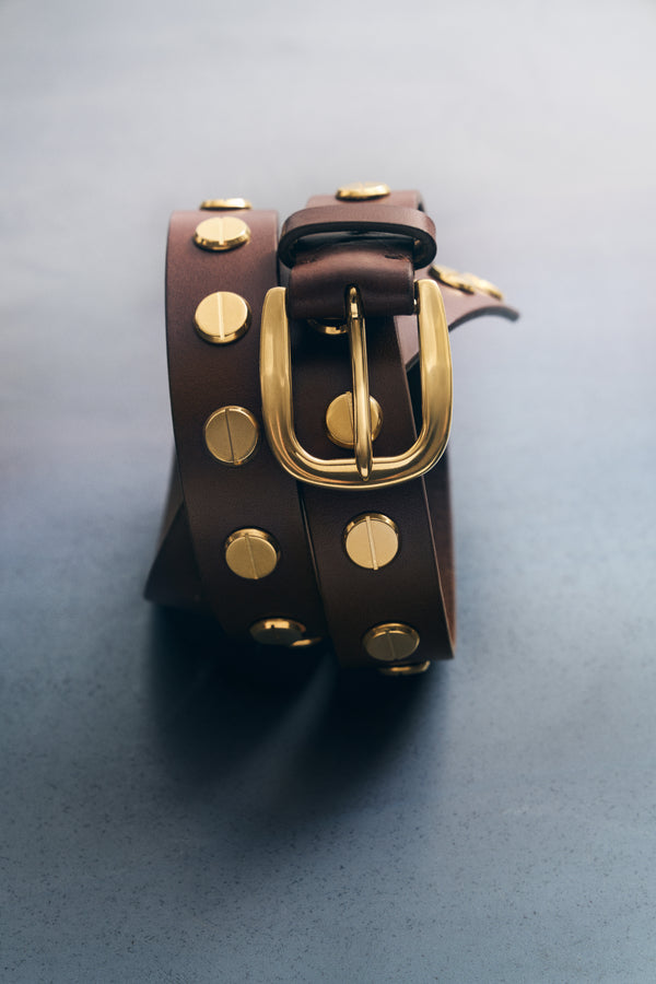 TWP Dark luggage Narrow Nailhead Belt in Vachetta Leather view 3