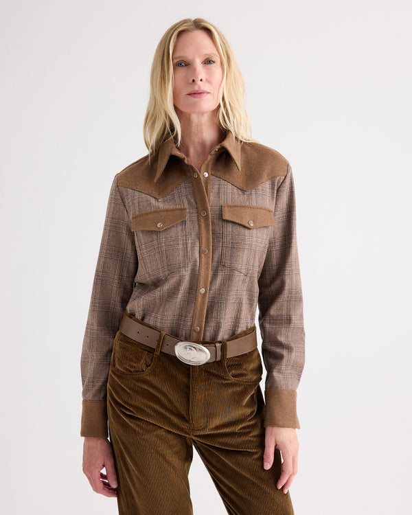TWP Brown multi/kelp Lone Rider Shirt in Glen Plaid Wool Flannel view 1