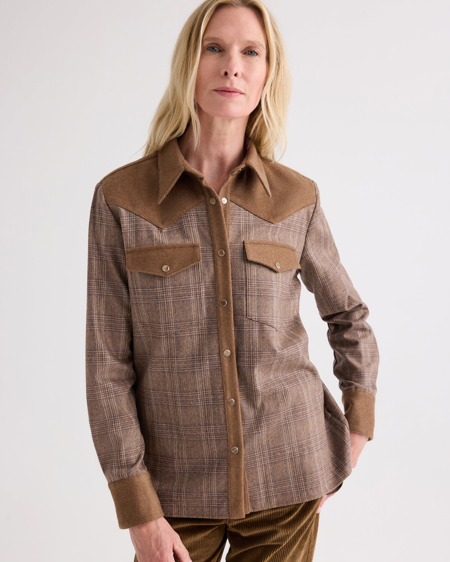 TWP Brown multi/kelp Lone Rider Shirt in Glen Plaid Wool Flannel view 3