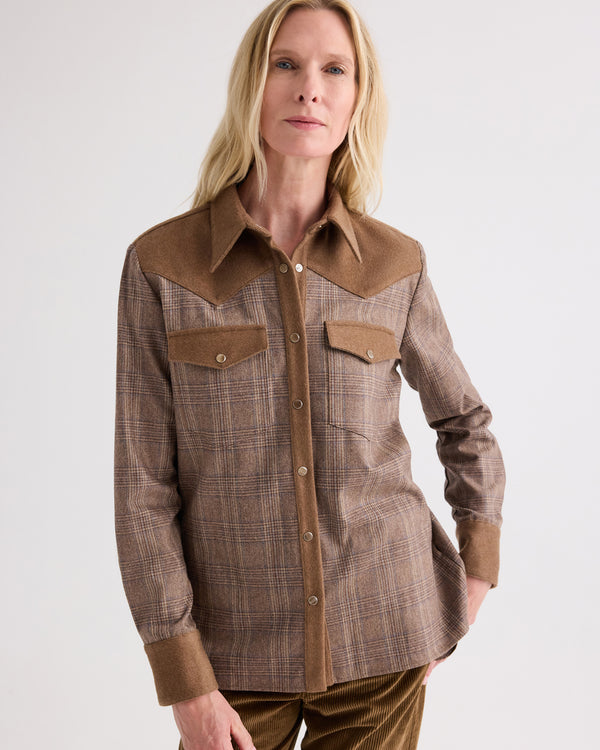 TWP Brown multi/kelp Lone Rider Shirt in Glen Plaid Wool Flannel view 3
