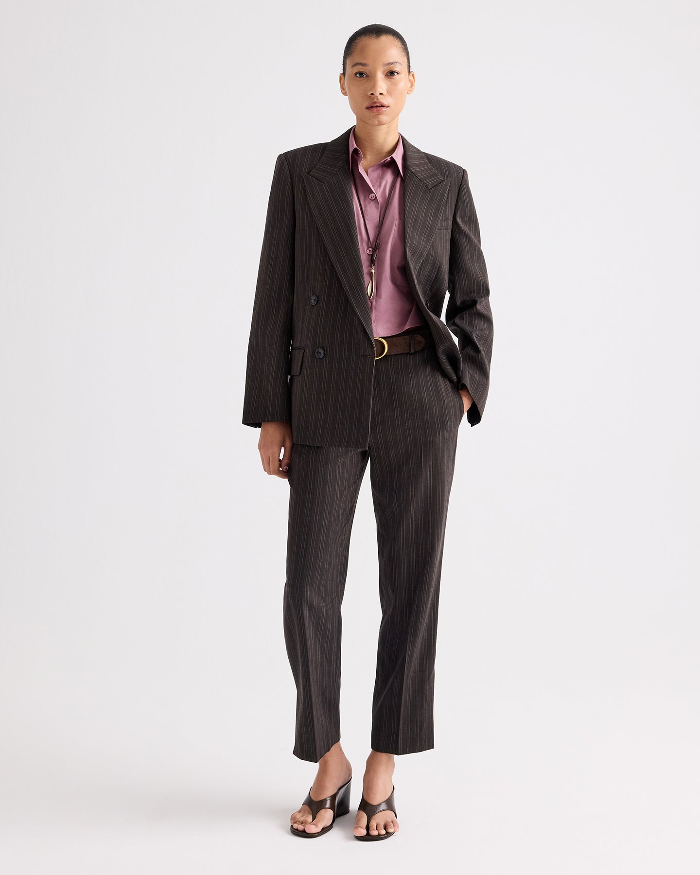 TWP Dark chocolate Roberts Pant in Refined Pinstripe Viscose Wool Suiting view 1