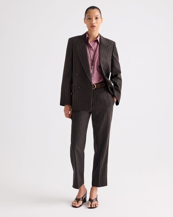 TWP Dark chocolate Roberts Pant in Refined Pinstripe Viscose Wool Suiting view 1