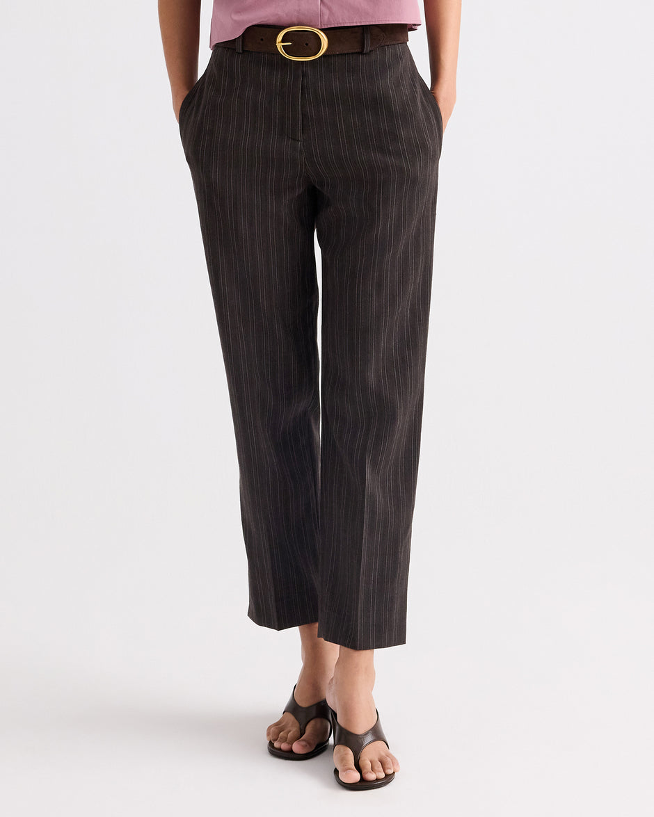 TWP Dark chocolate Roberts Pant in Refined Pinstripe Viscose Wool Suiting view 2