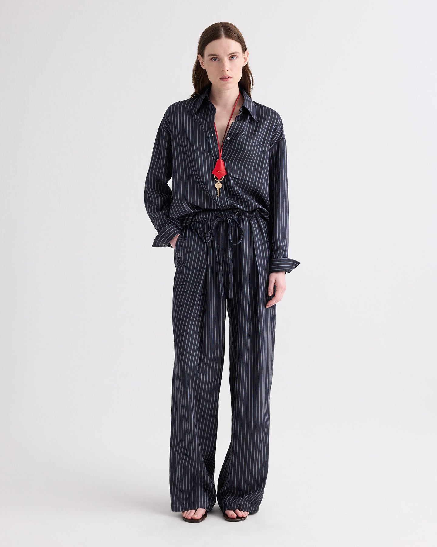 TWP Blue nights / turkish coffee PJ Pant in Evening Stripe on Silk view 1