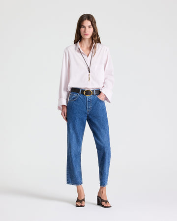 Paris Heavy Denim Cropped Mid Rise Jeans - Front View, Full Length On Model | TWP Clothing