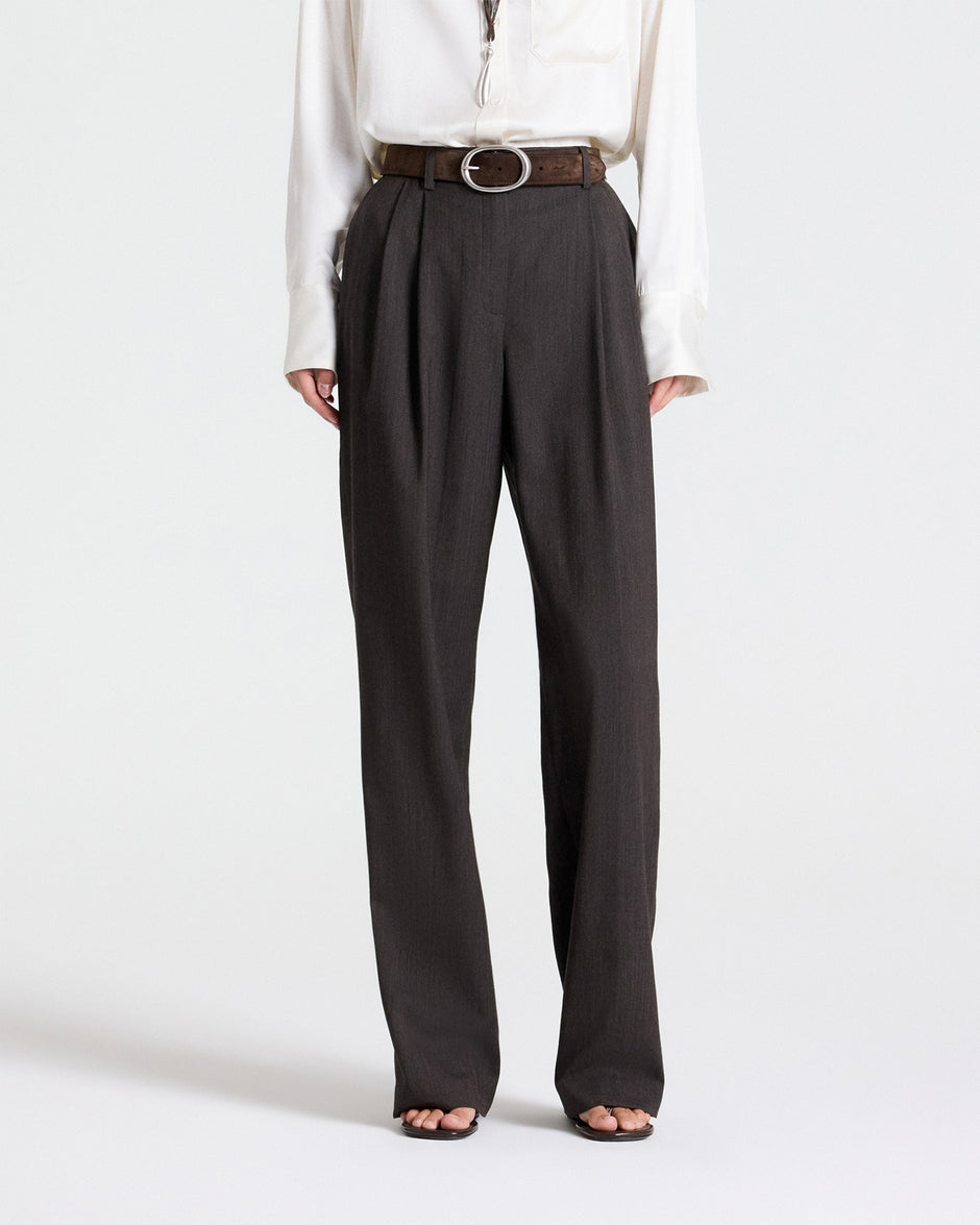 TWP Chocolate Ivy Pant in Micro Herringbone Wool Suiting view 2