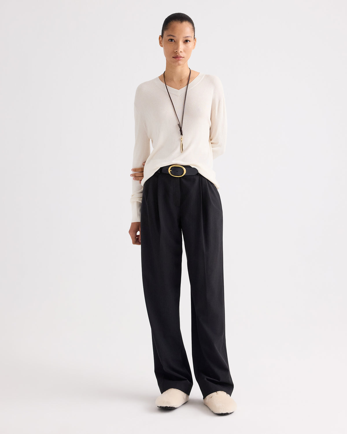Smoke Italian Wool Twill Pleated Trouser - On Model Full Length Front | TWP Clothing