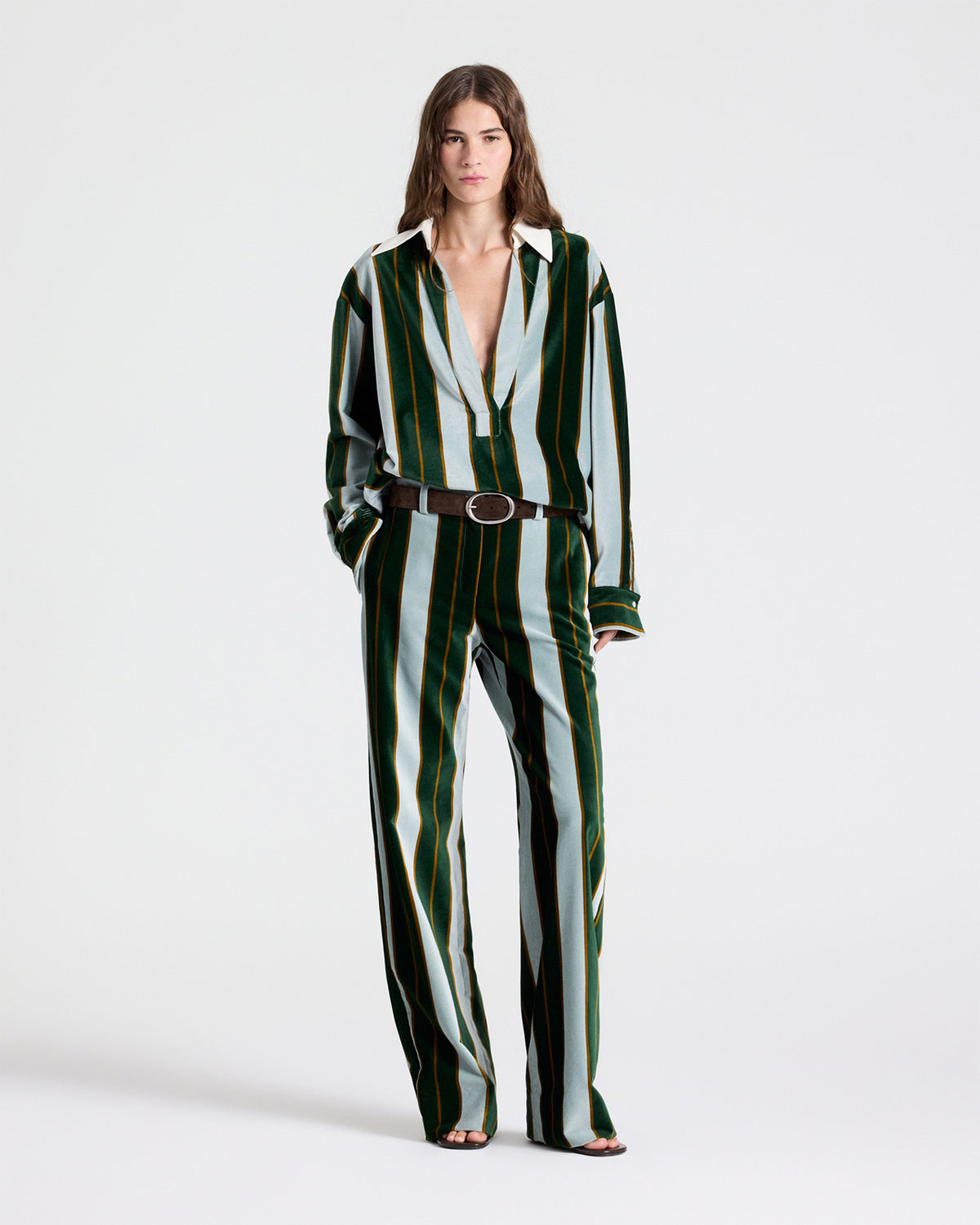 TWP Ancient water / green Isla Pant Without Pintuck in Regency Stripe Cotton Velvet view 3