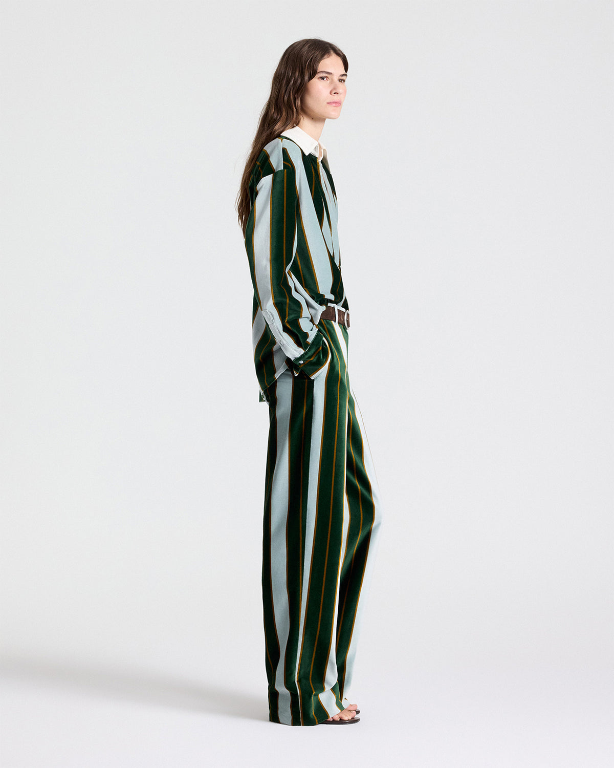 TWP Ancient water / green Isla Pant Without Pintuck in Regency Stripe Cotton Velvet view 4