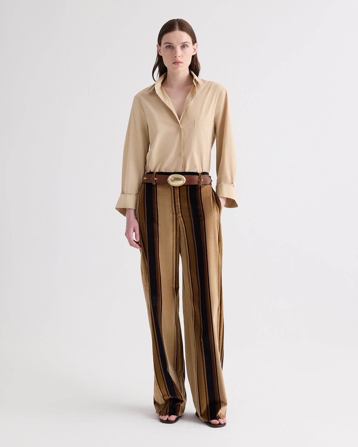 TWP Sepia tint/midnight Isla Pant without Pintuck in Baiadere Stripe Cotton Velvet view 1