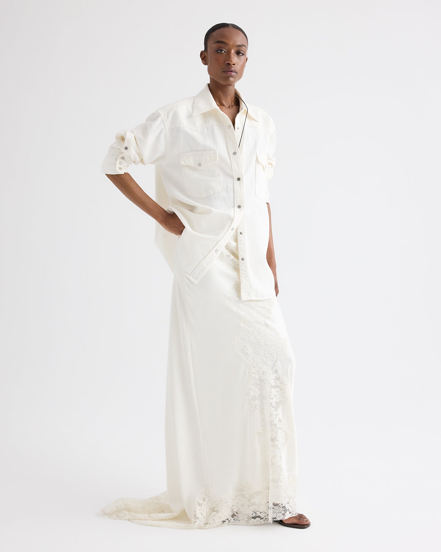 TWP Ivory Lace Skirt in Silk Charmeuse view 3