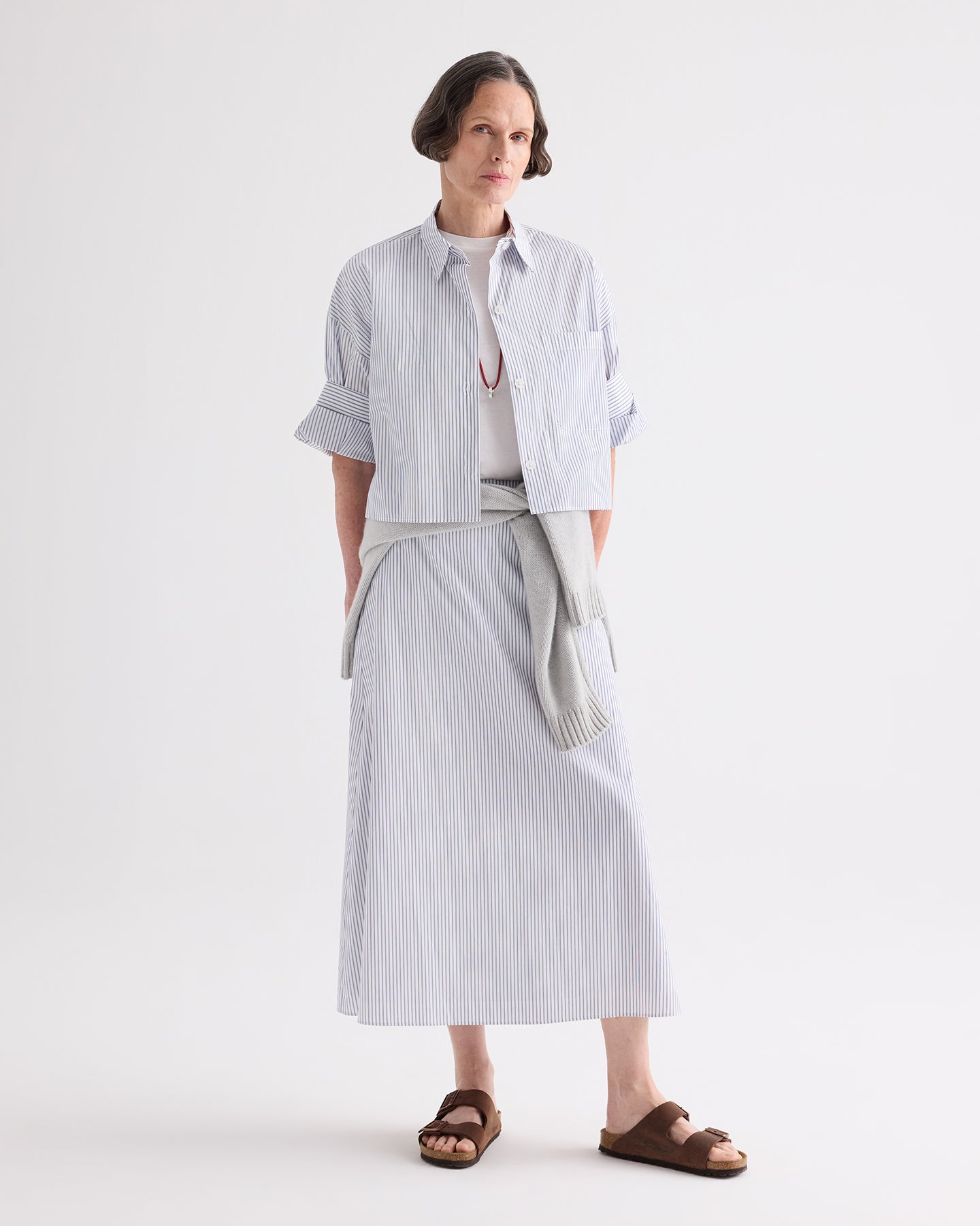 TWP White/midnight A-Line Skirt in Micro Hairline Cotton Stripe view 1
