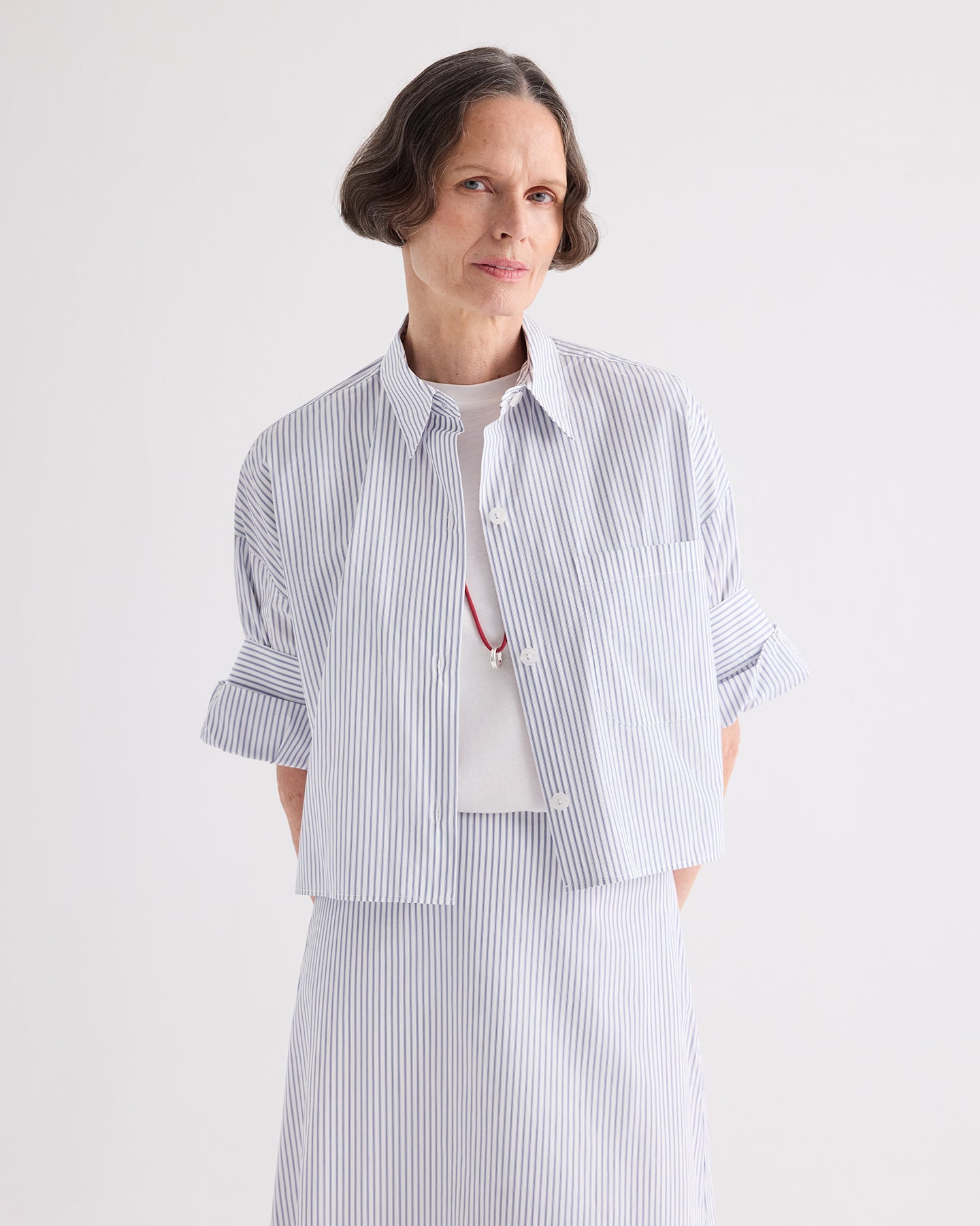 1761maillot　Fade Border Crew Neck Long　2 White / midnight Next Ex Shirt in Micro Hairline Stripe | TWP