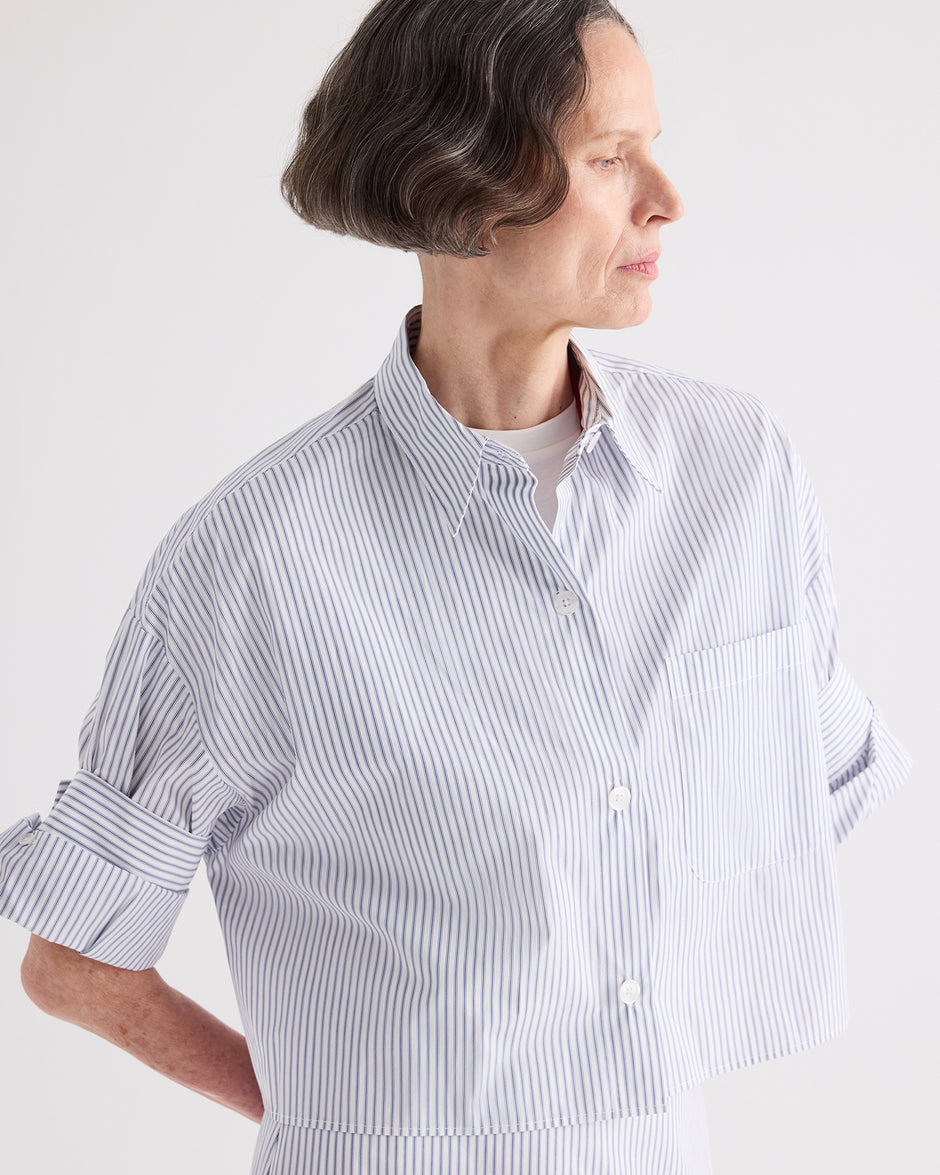 TWP White / midnight Next Ex Shirt in Micro Hairline Stripe view 3