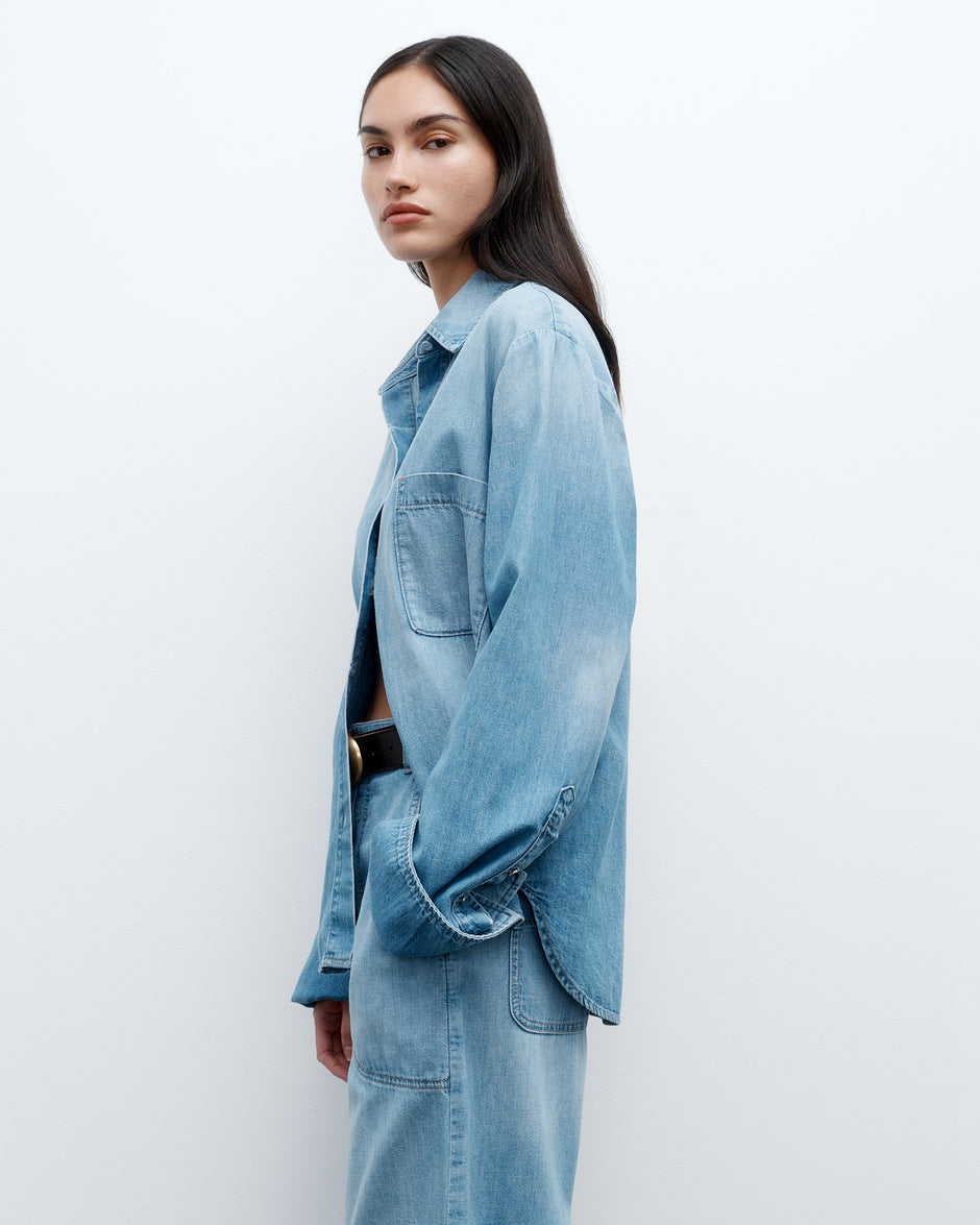 TWP Vintage wash Wilson Top in Denim Shirting view 1