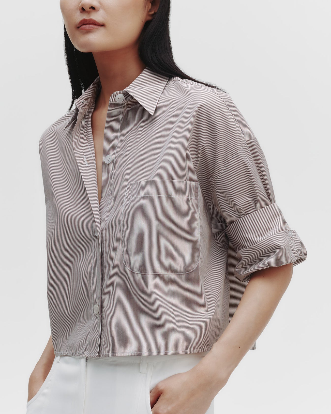 TWP White/chocolate Next Ex Shirt in Superfine Cotton Mini Stripe view 1