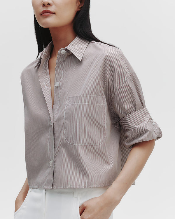 TWP White/chocolate Next Ex Shirt in Superfine Cotton Mini Stripe view 1