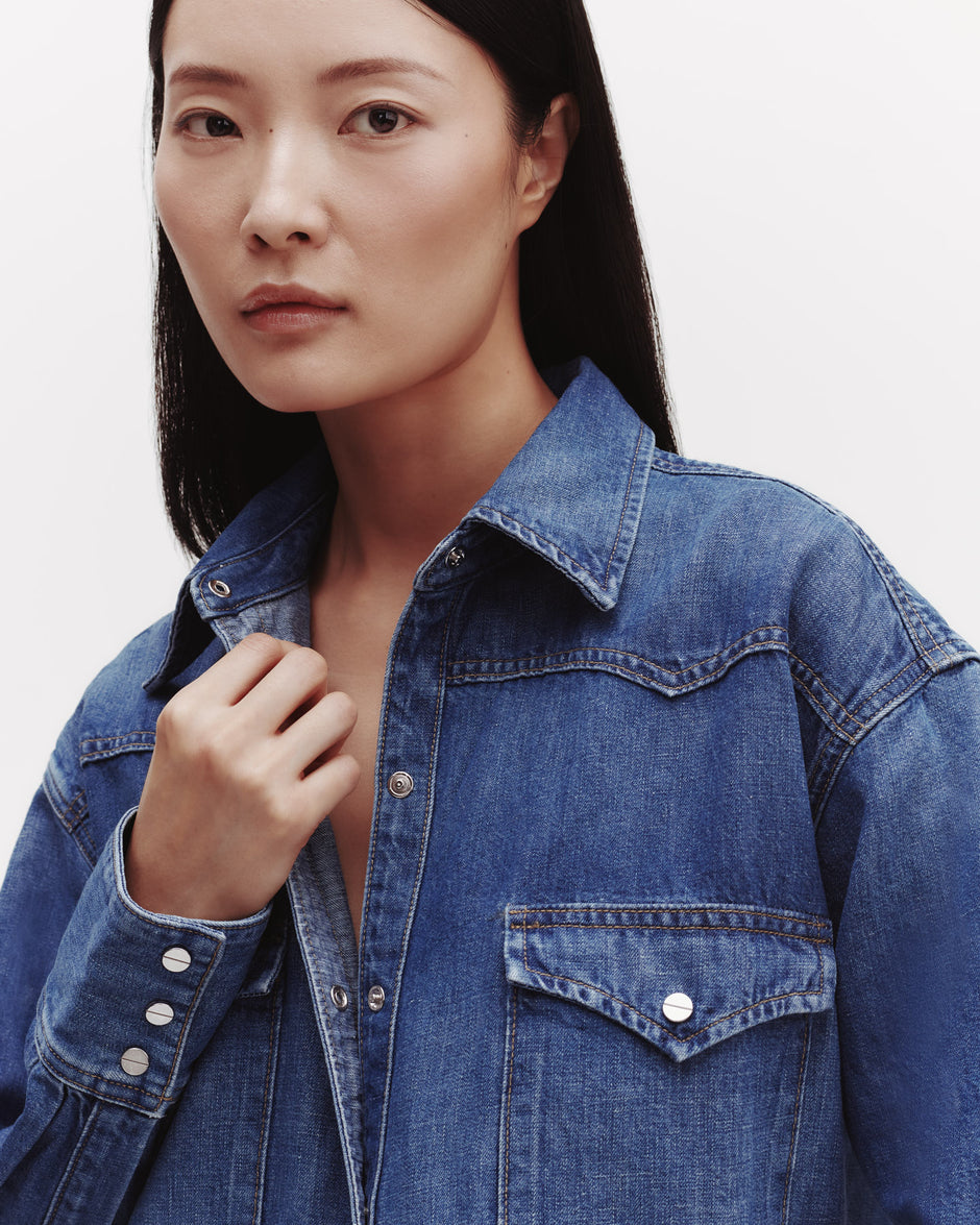 TWP Vintage wash OG Supersized Ranchers Shirt in Linen Cotton Denim view 3
