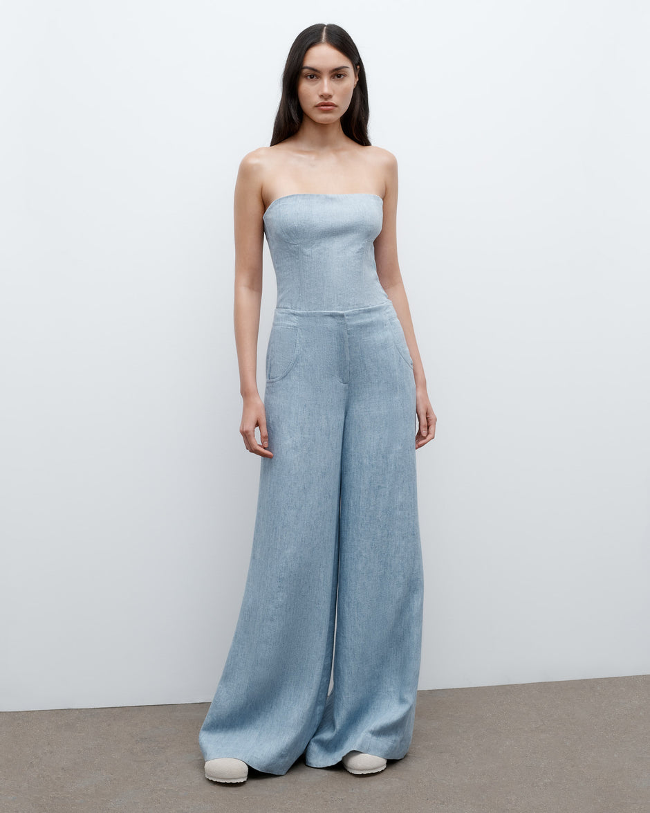 TWP Light indigo Jillian Bustier in Lightweight Washed Hemp Denim view 1