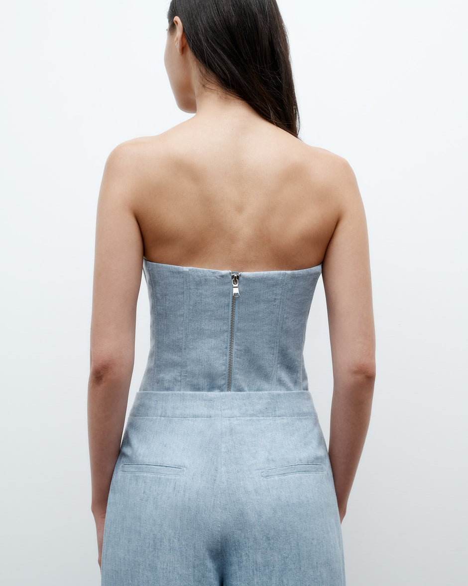 TWP Light indigo Jillian Bustier in Lightweight Washed Hemp Denim view 6