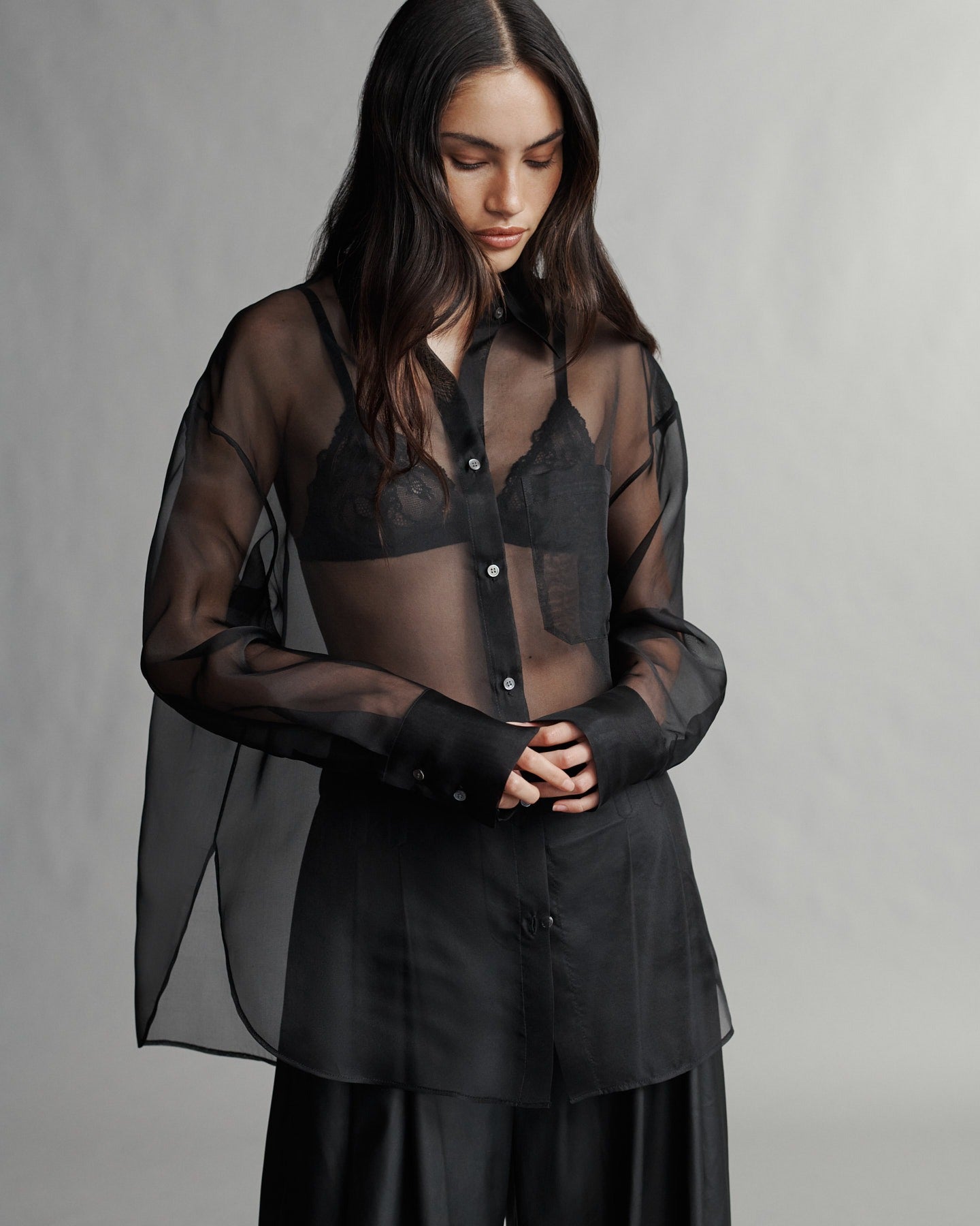 TWP Black Big Joe Shirt in Washed Silk Organza view 1