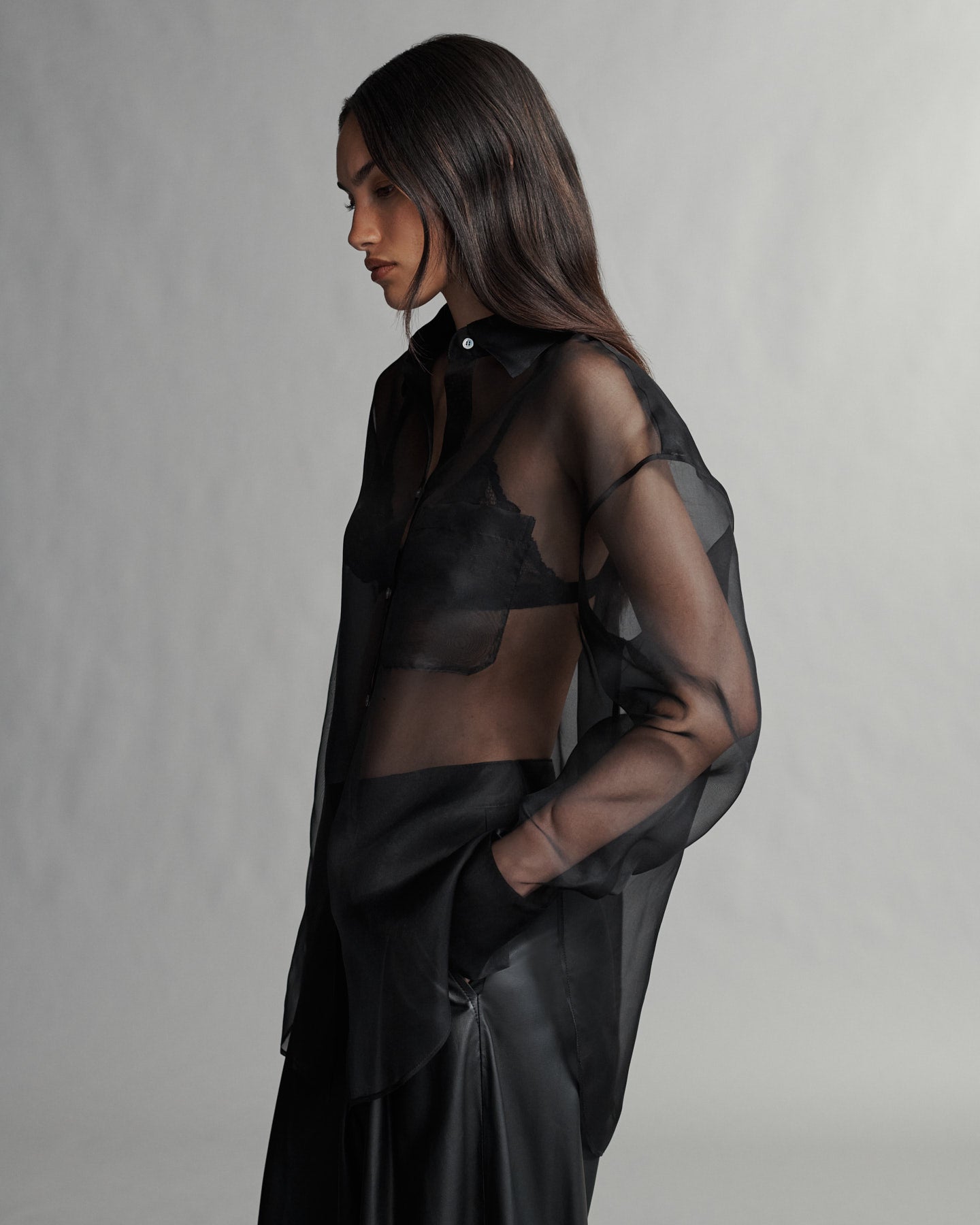 TWP Black Big Joe Shirt in Washed Silk Organza view 4