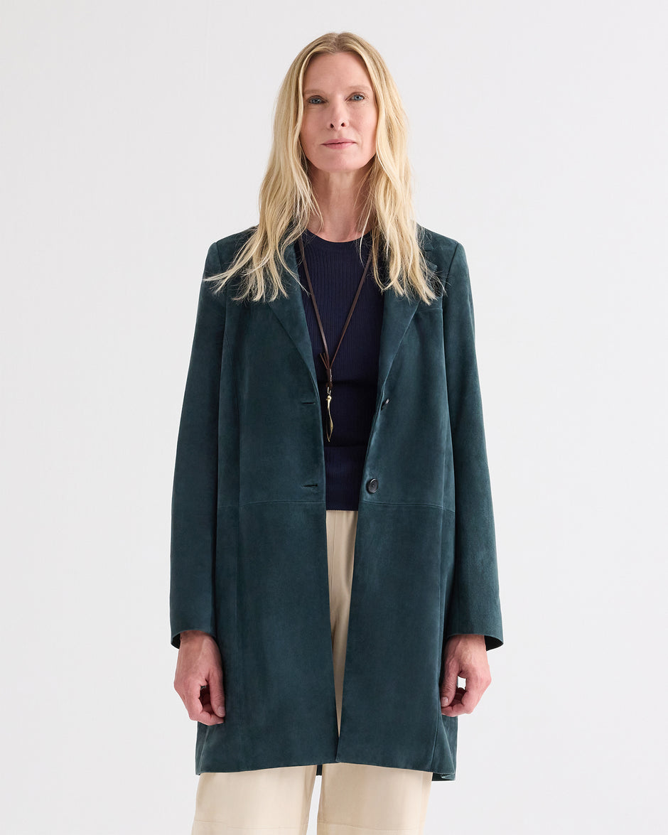 TWP Deep green Easy Car Coat in Luxe Suede view 1