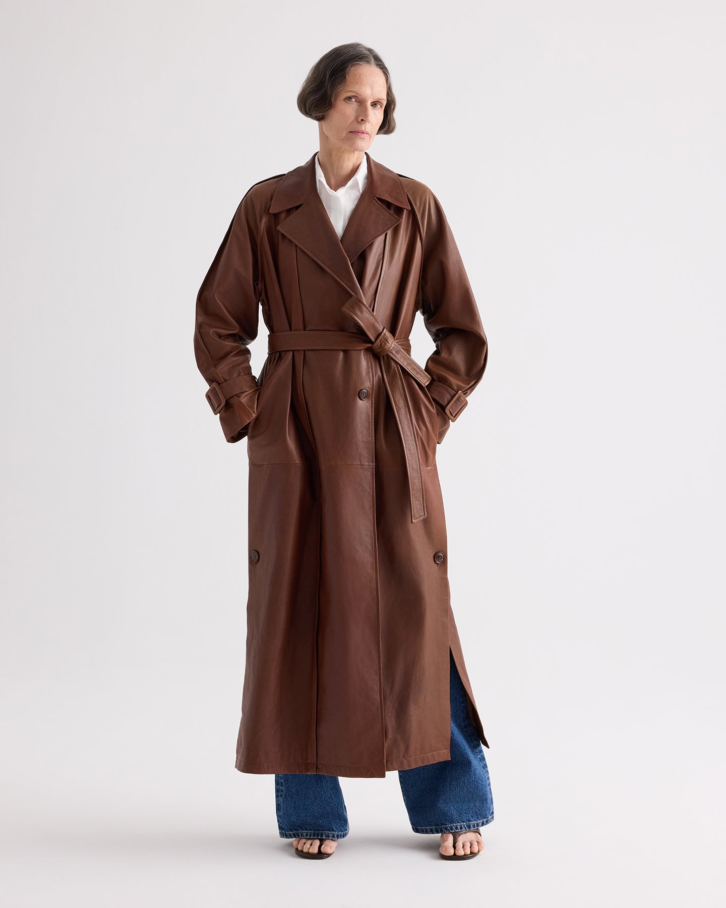 TWP Cigar Leather Unfinished Business Trench Coat in Light Dolce Leather view 1
