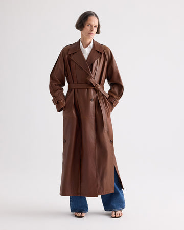 TWP Cigar Leather Unfinished Business Trench Coat in Light Dolce Leather view 1