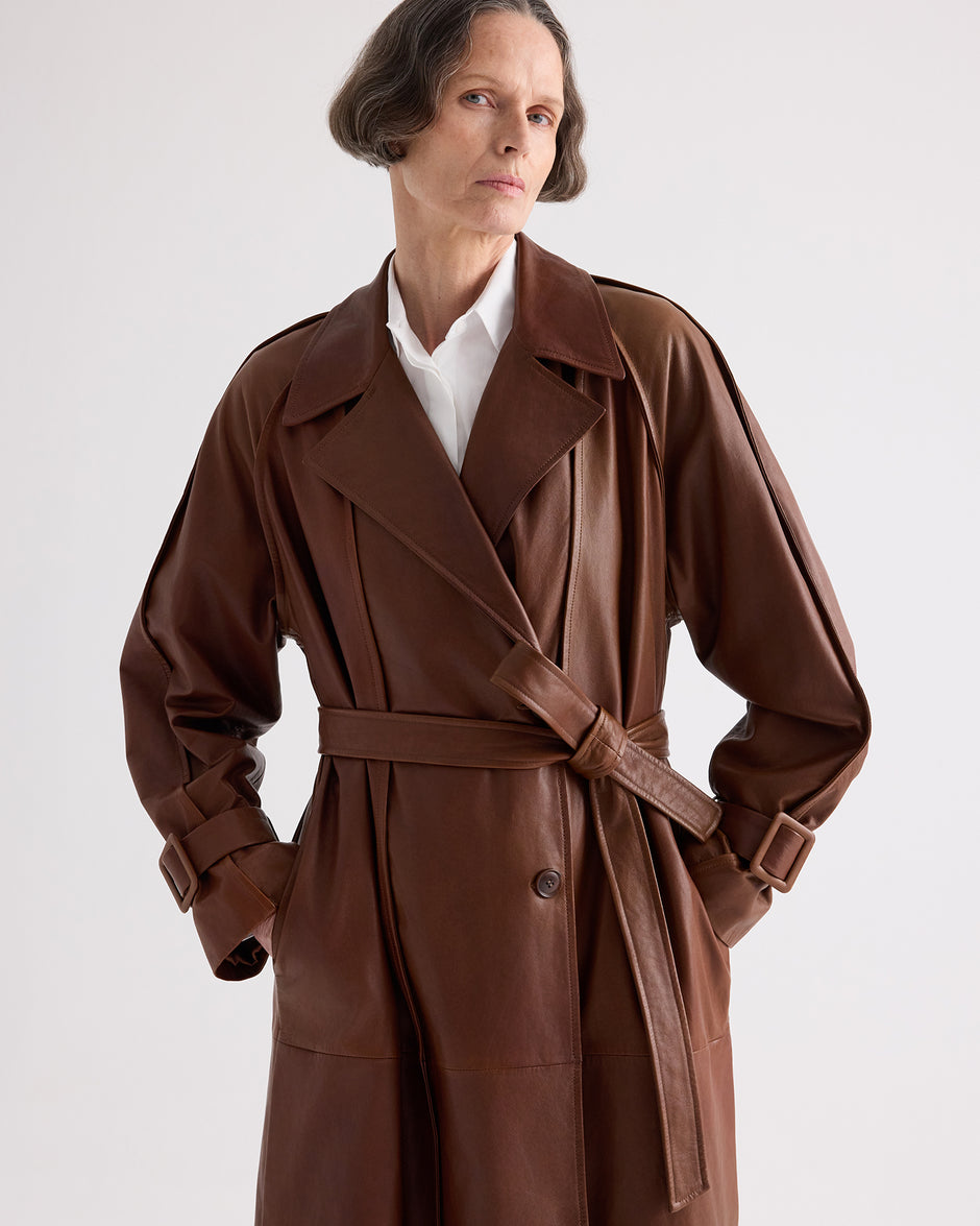TWP Cigar Leather Unfinished Business Trench Coat in Light Dolce Leather view 2
