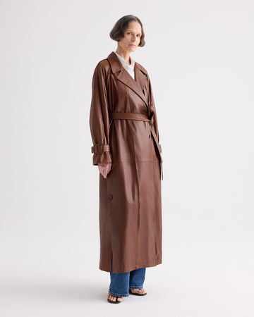 TWP Cigar Leather Unfinished Business Trench Coat in Light Dolce Leather view 3