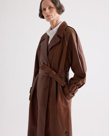 TWP Cigar Leather Unfinished Business Trench Coat in Light Dolce Leather view 4