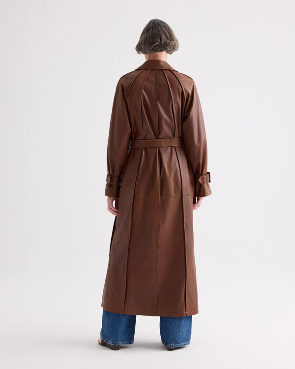 TWP Cigar Leather Unfinished Business Trench Coat in Light Dolce Leather view 5