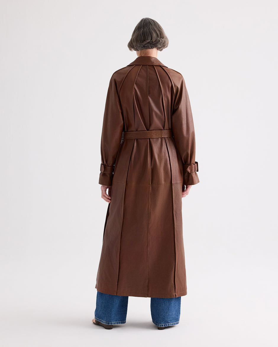 TWP Cigar Leather Unfinished Business Trench Coat in Light Dolce Leather view 5