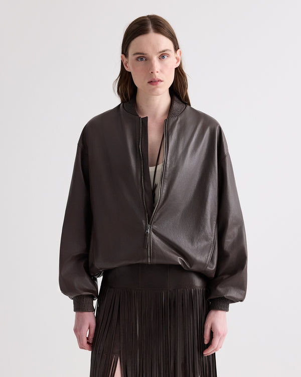 TWP Dark chocolate Bubble Hem Bomber Jacket in Dolce Leather view 1