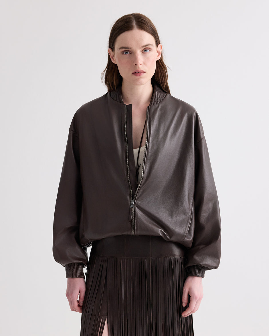 TWP Dark chocolate Bubble Hem Bomber Jacket in Dolce Leather view 1