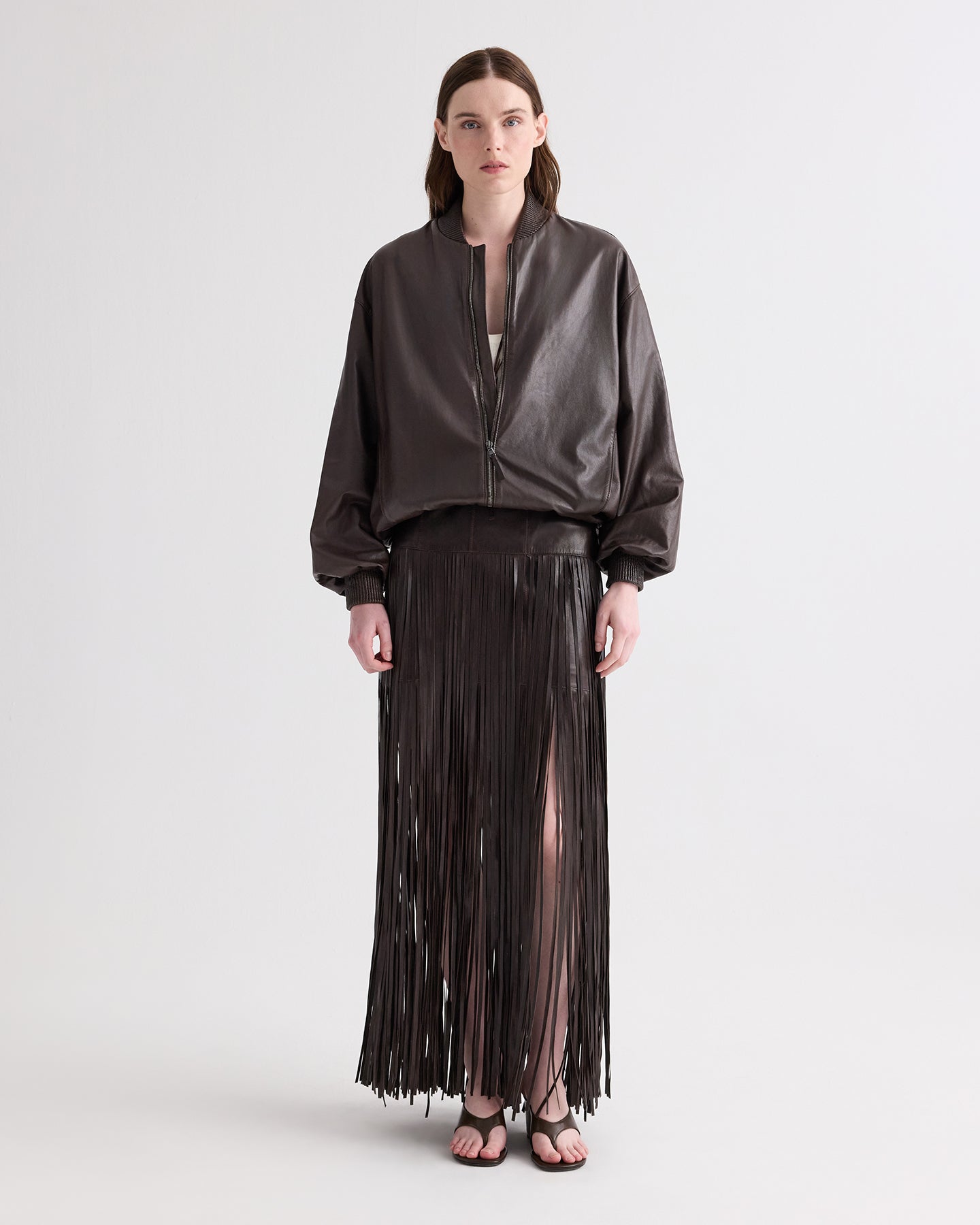 TWP Dark chocolate Bubble Hem Bomber Jacket in Dolce Leather view 3