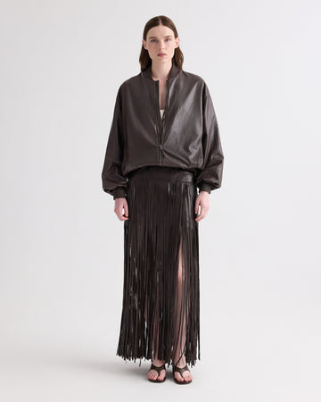 TWP Dark chocolate Bubble Hem Bomber Jacket in Dolce Leather view 3