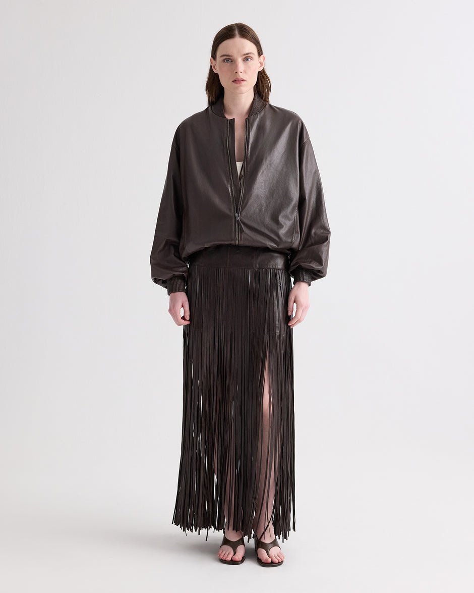 TWP Dark chocolate Bubble Hem Bomber Jacket in Dolce Leather view 3