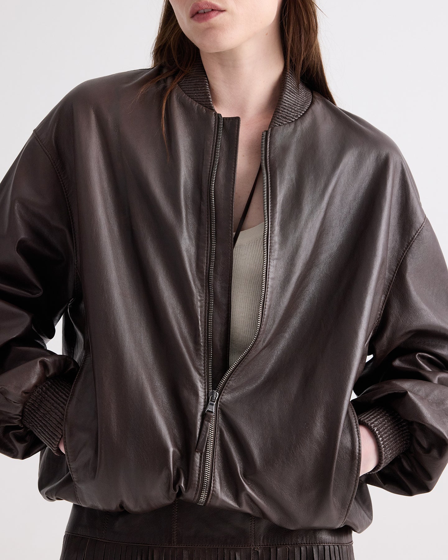 TWP Dark chocolate Bubble Hem Bomber Jacket in Dolce Leather view 2