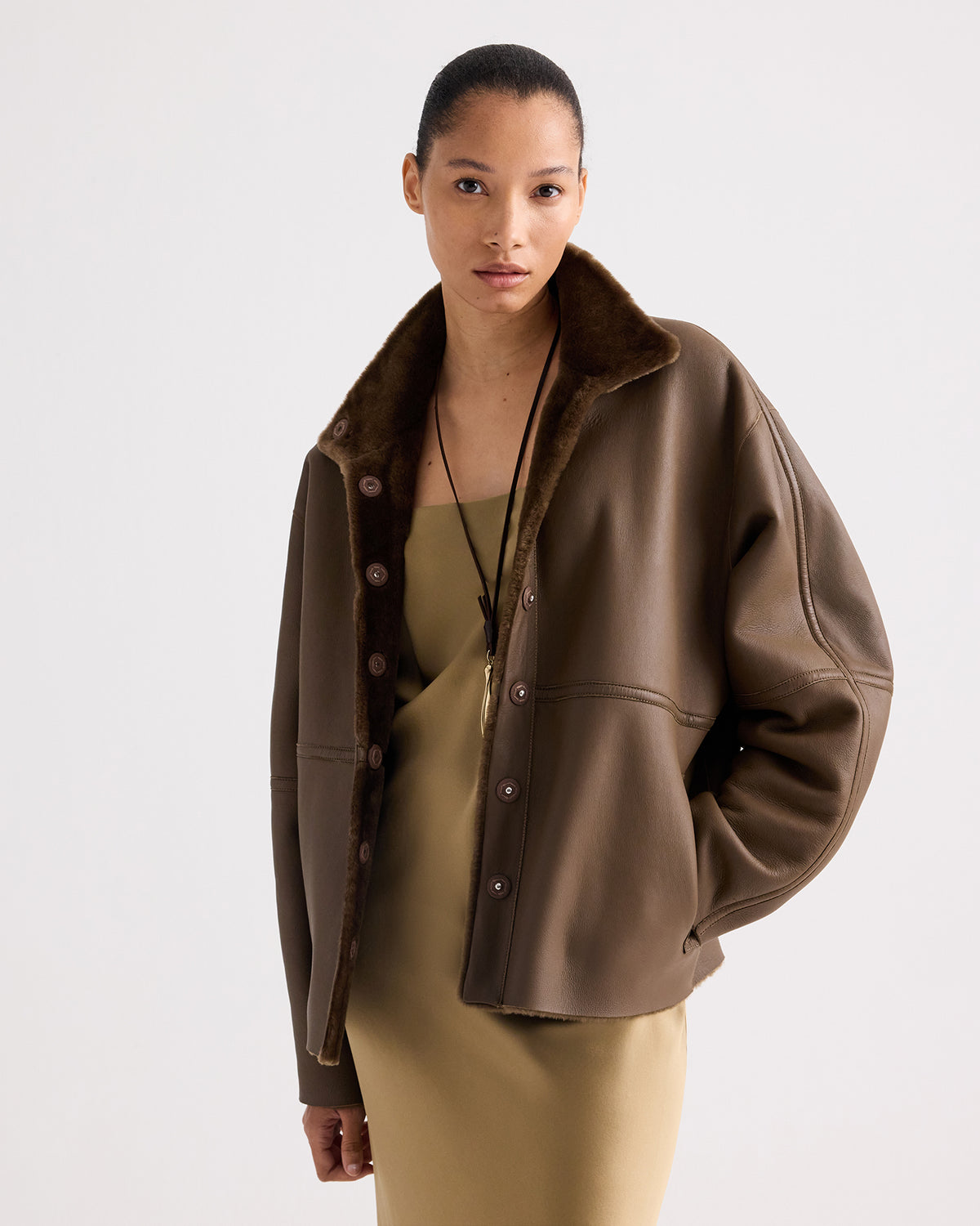 Kangaroo Merino Shearling Big Sky Jacket - Reversed Leather Side Out, Front View | TWP Clothing